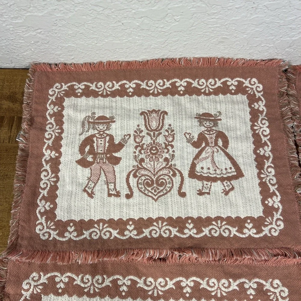 Vintage Set‎ Of 4 Austrian Placemats Pink Fringe Woven Folk Art Cotton/Linen